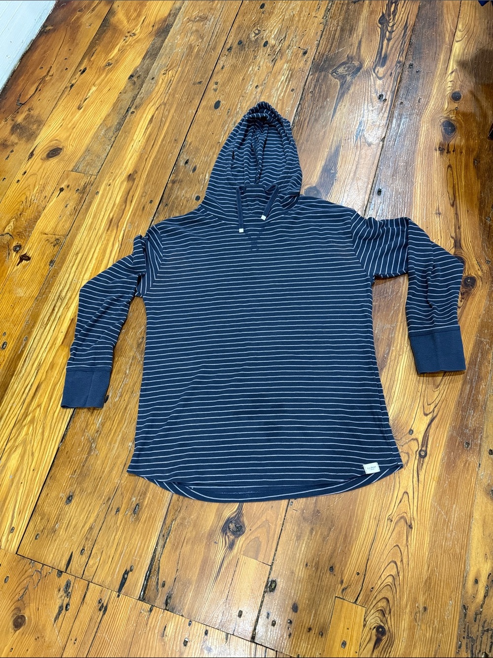L.L. Bean Blue Grey and White Striped Hooded Sweater 100% cotton size medium